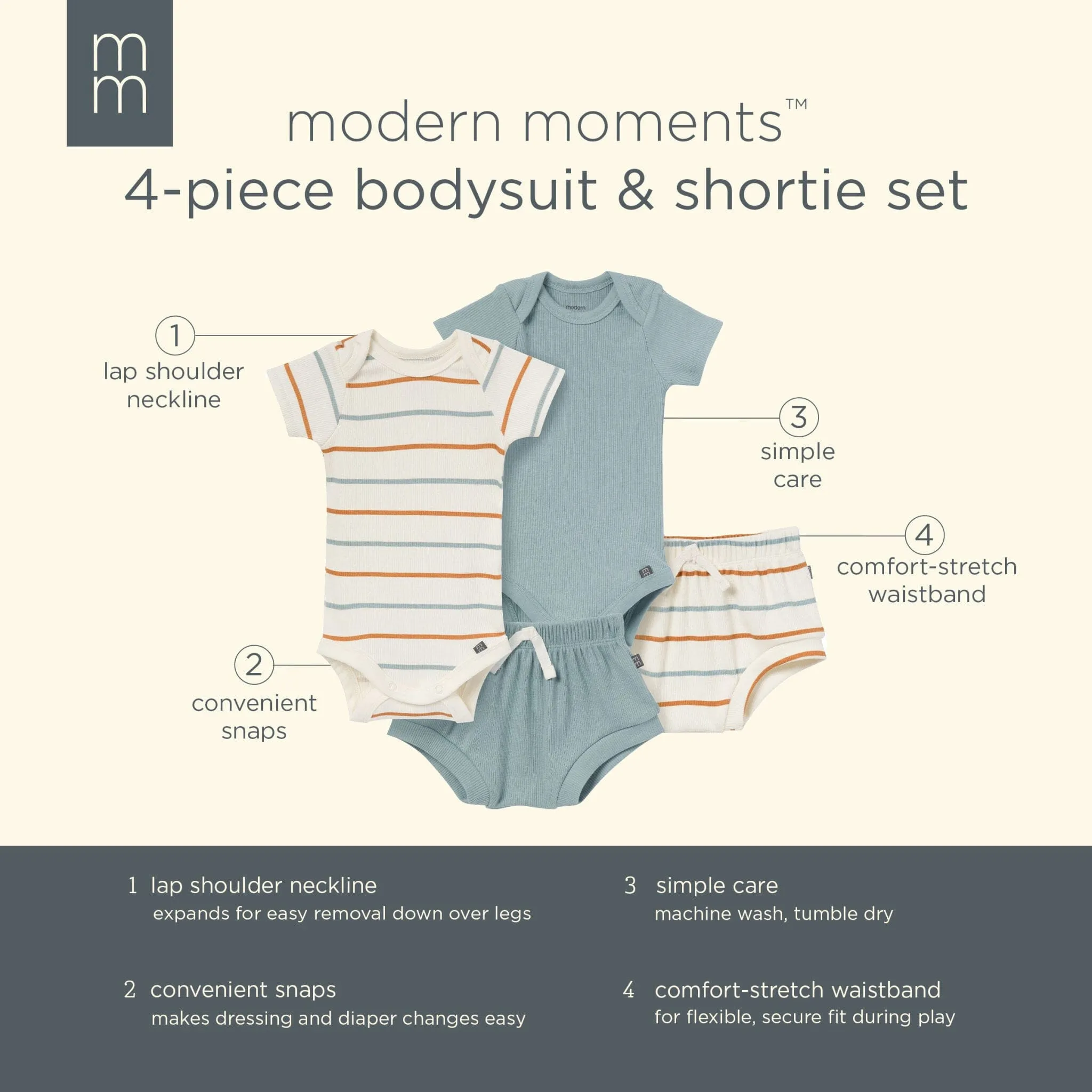 4-Piece Baby Boys Ivory Stripe Short Sleeve Bodysuits and Shorts Set