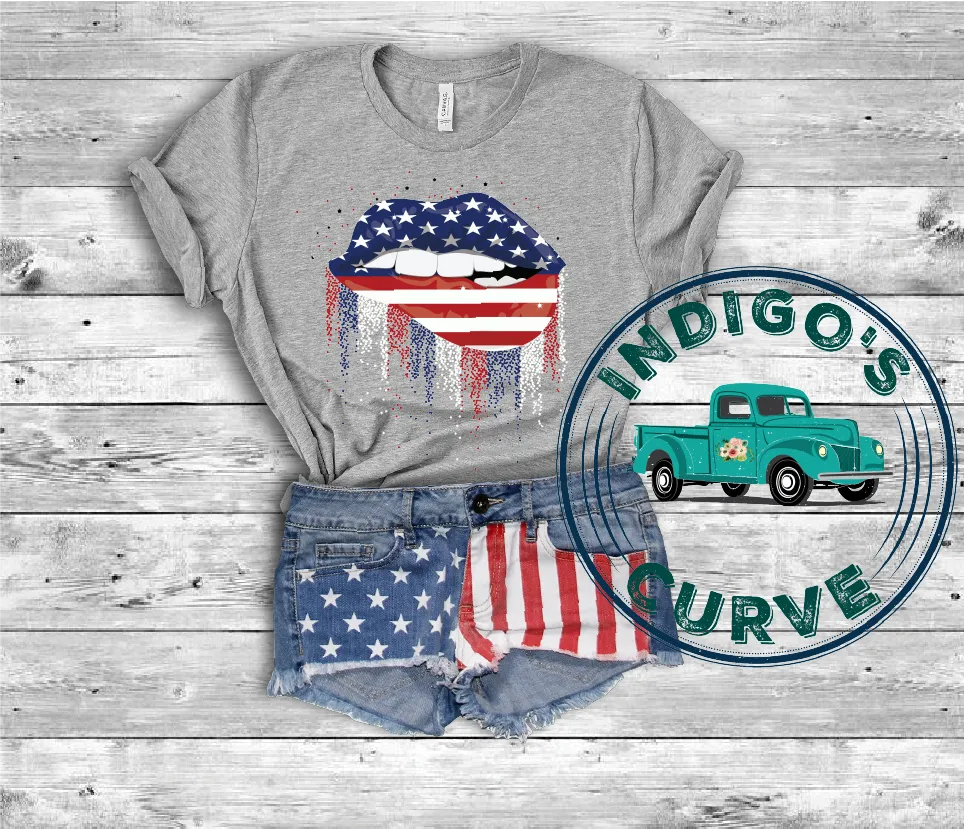 American Dripping Biting Lip Patriotic Short Sleeve Tee