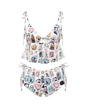 Ashley Williams Kitten Print Satin Crop Cami & Short Set - White -