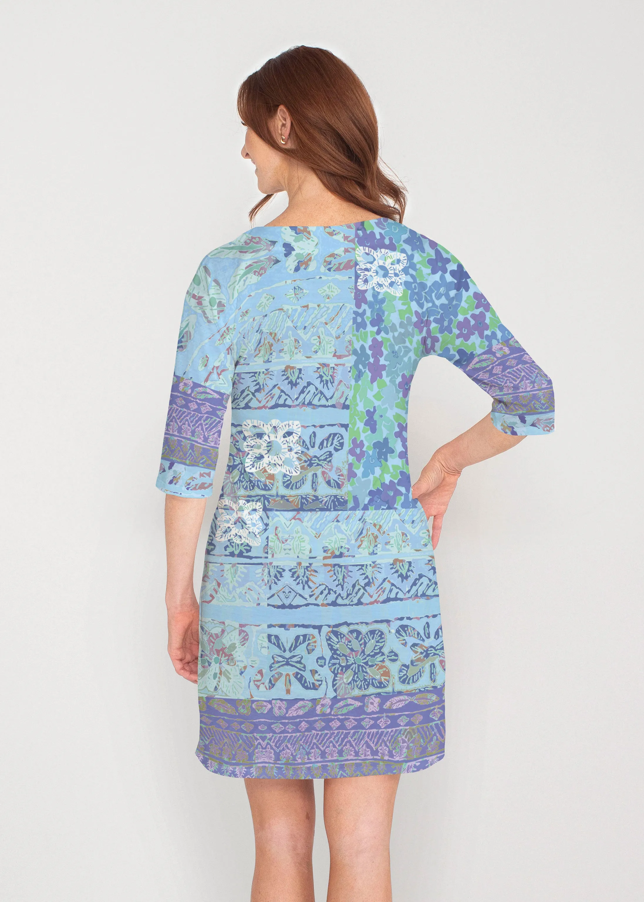 Aspen Aqua (19186) ~ Drop Shoulder 3/4 Sleeve V-Neck Dress
