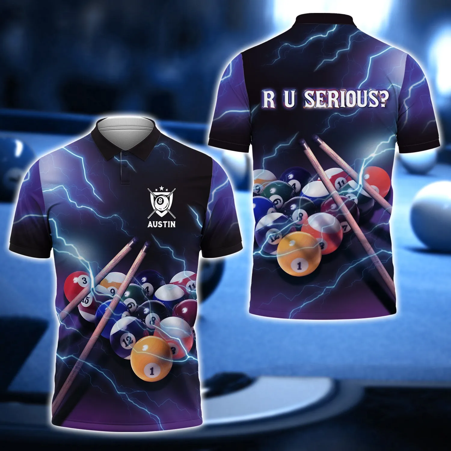 Austin - R U SERIOUS Team Billiard 8 Ball Thunder Lightning 3D Shirt - QB95