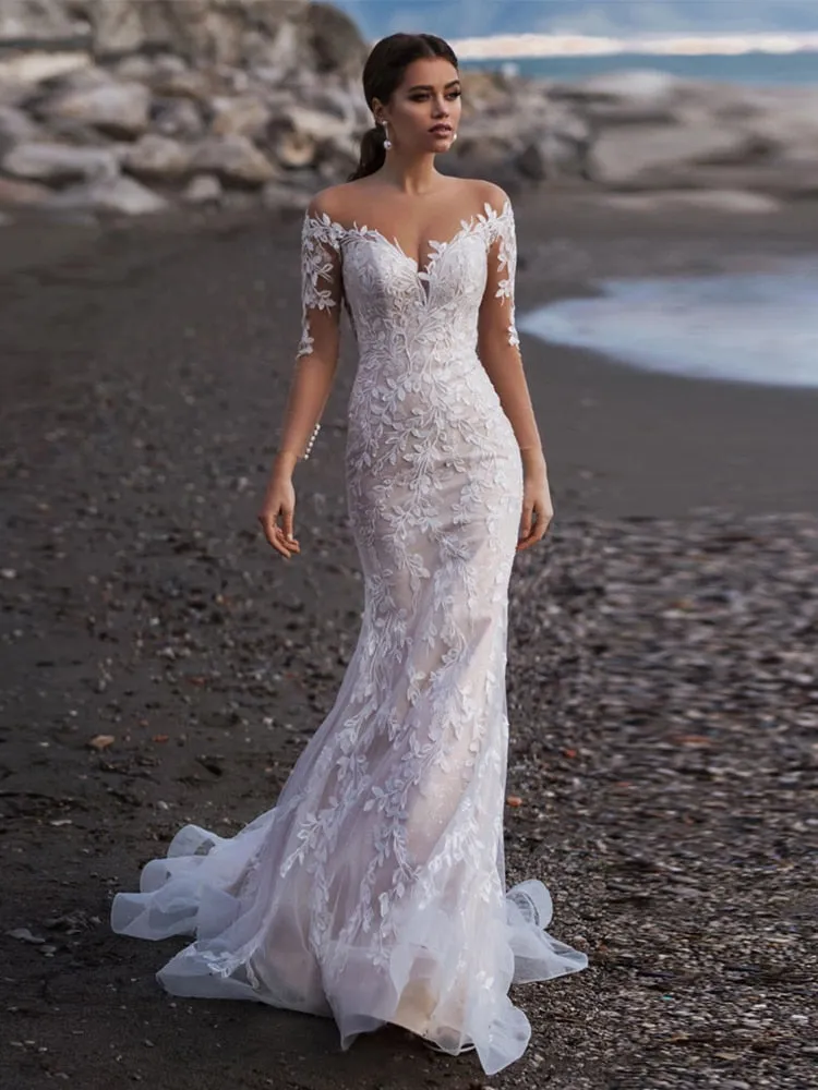 Beach Long Sleeves Mermaid Tulle Wedding Dress Elegant V-Neck