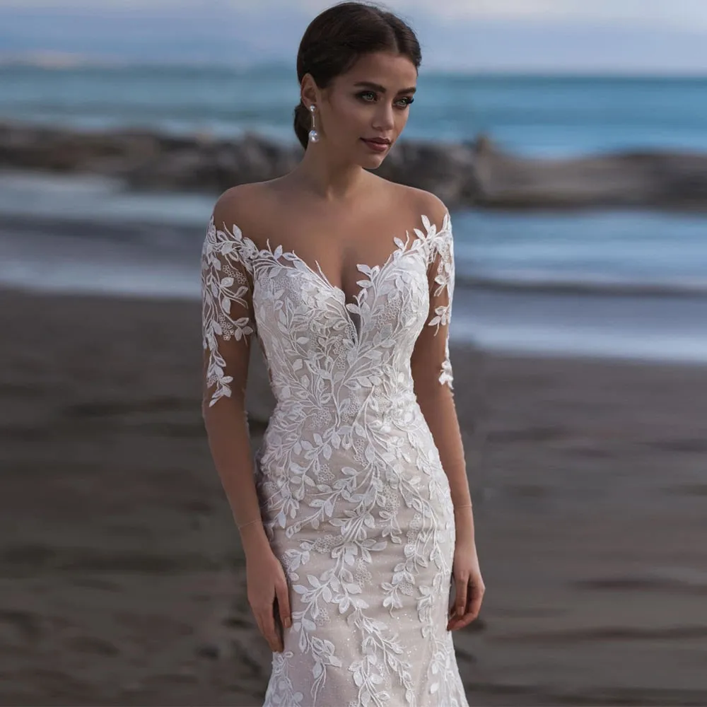 Beach Long Sleeves Mermaid Tulle Wedding Dress Elegant V-Neck