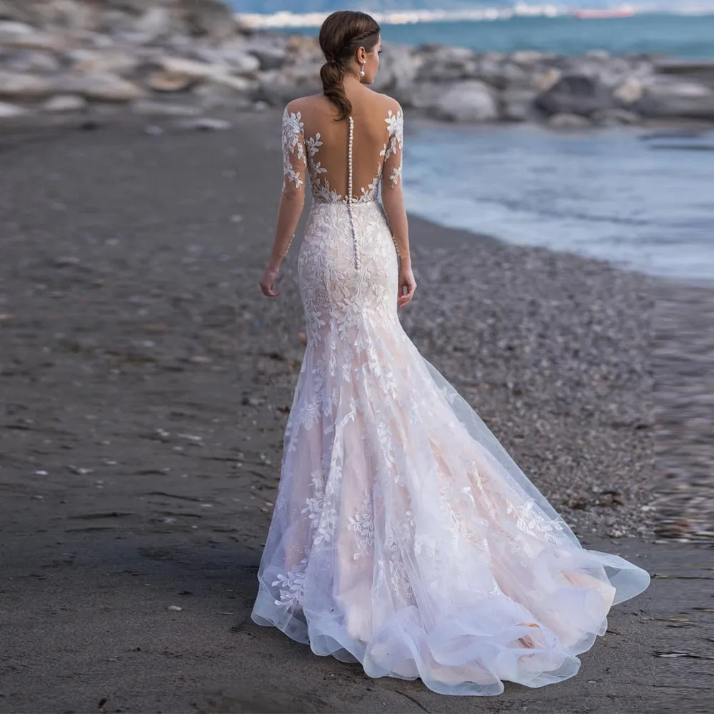Beach Long Sleeves Mermaid Tulle Wedding Dress Elegant V-Neck