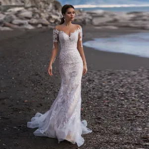 Beach Long Sleeves Mermaid Tulle Wedding Dress Elegant V-Neck