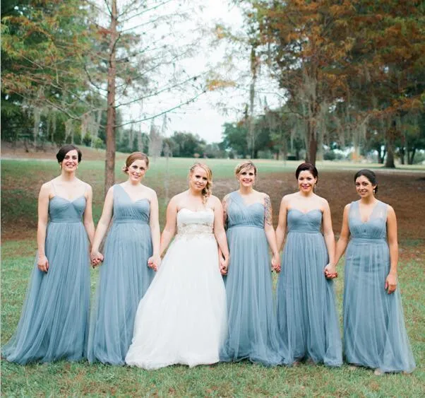 Blue Grey Cheap Long Tulle Mismatched Convertible Bridesmaid Dresses, WG250