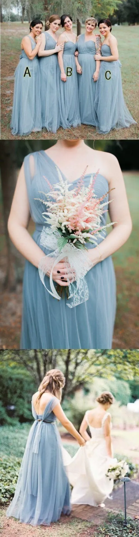 Blue Grey Cheap Long Tulle Mismatched Convertible Bridesmaid Dresses, WG250
