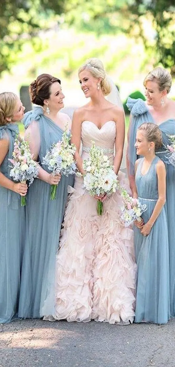 Blue Grey Cheap Long Tulle Mismatched Convertible Bridesmaid Dresses, WG250