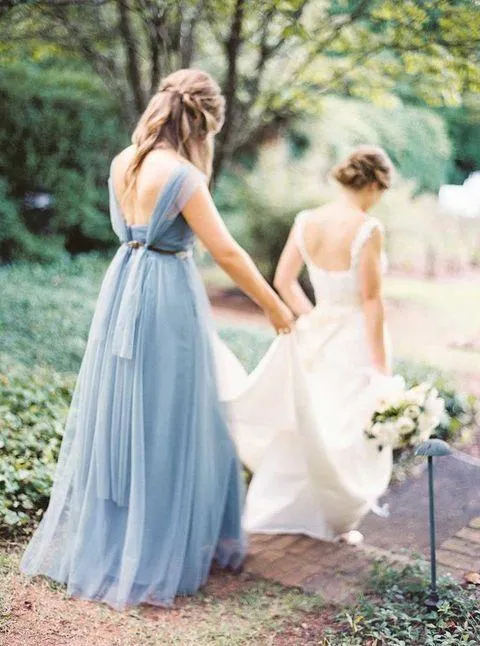 Blue Grey Cheap Long Tulle Mismatched Convertible Bridesmaid Dresses, WG250