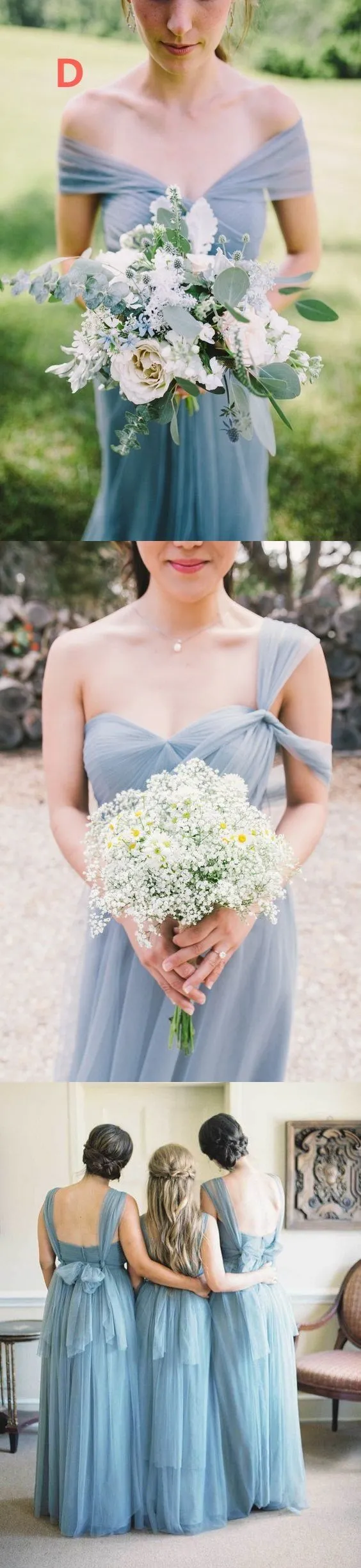 Blue Grey Cheap Long Tulle Mismatched Convertible Bridesmaid Dresses, WG250