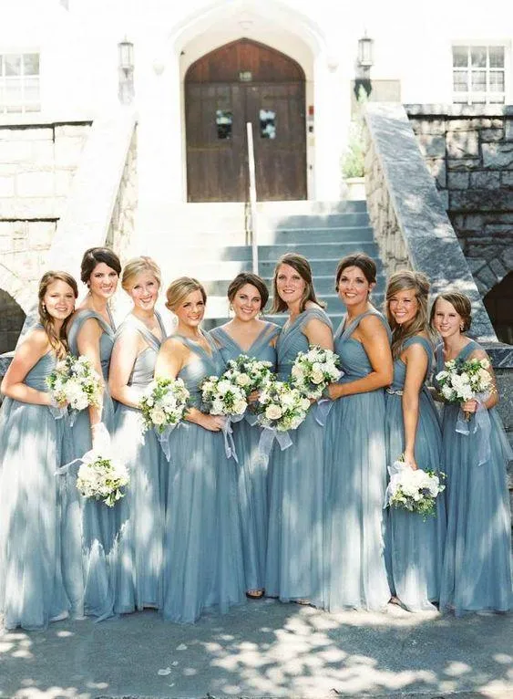 Blue Grey Cheap Long Tulle Mismatched Convertible Bridesmaid Dresses, WG250