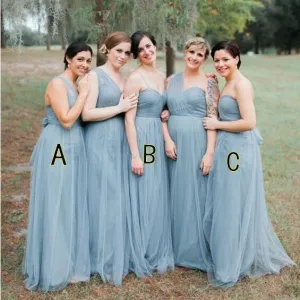 Blue Grey Cheap Long Tulle Mismatched Convertible Bridesmaid Dresses, WG250