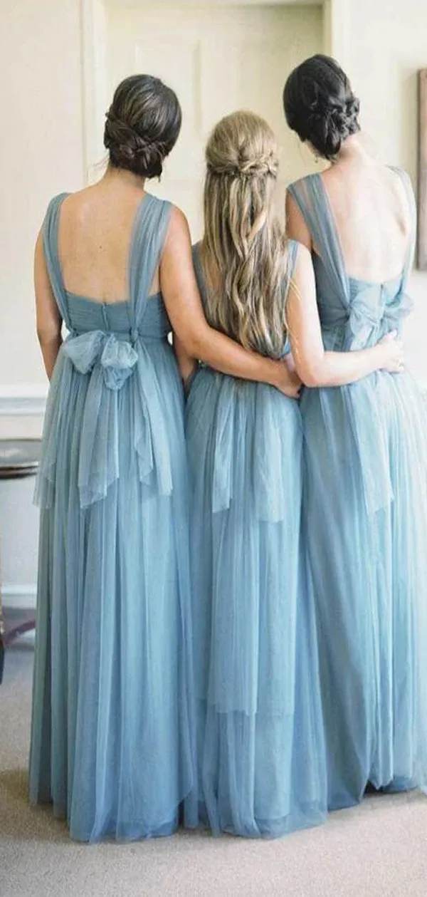 Blue Grey Cheap Long Tulle Mismatched Convertible Bridesmaid Dresses, WG250