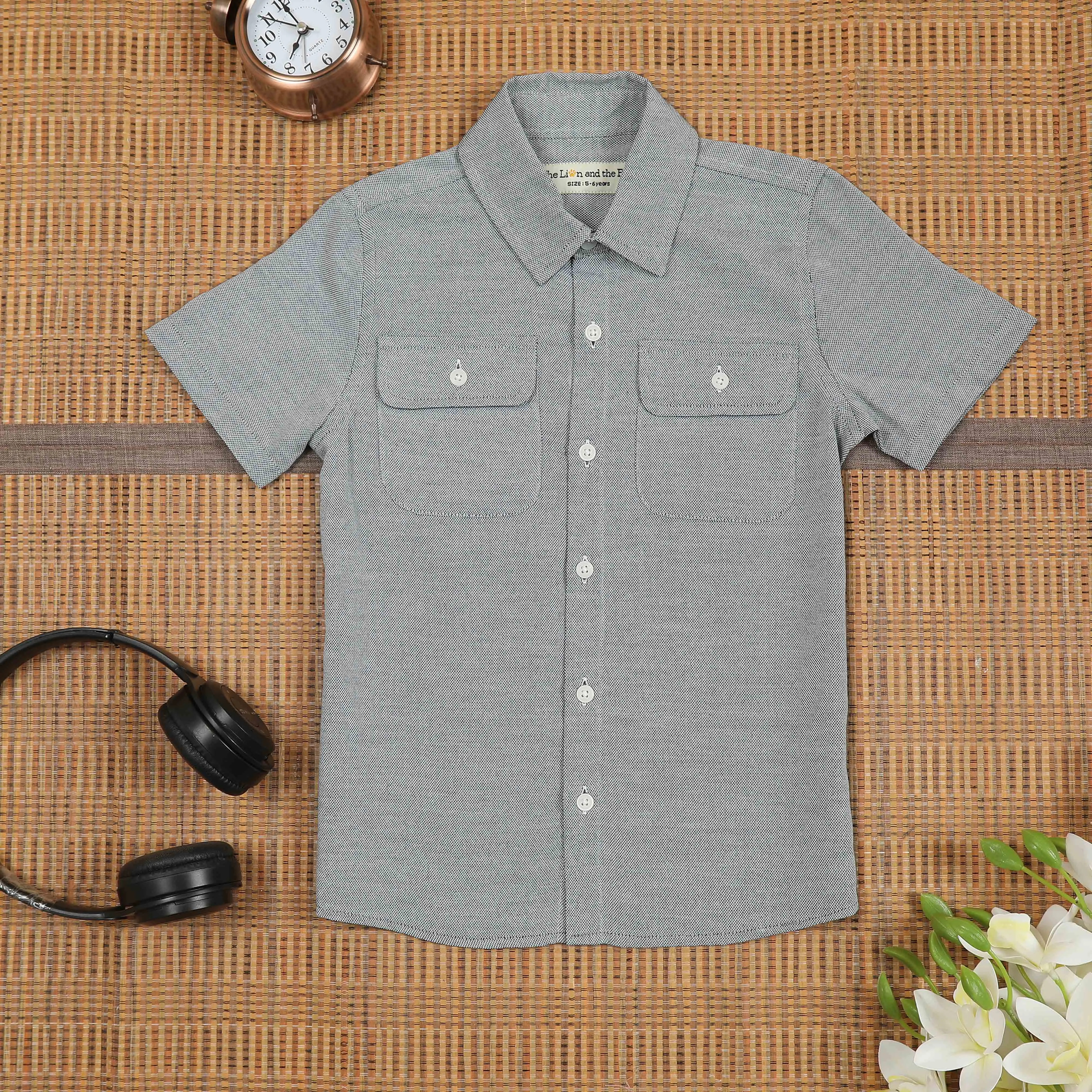 Boys Double Pocket Solid Shirt Metal Grey