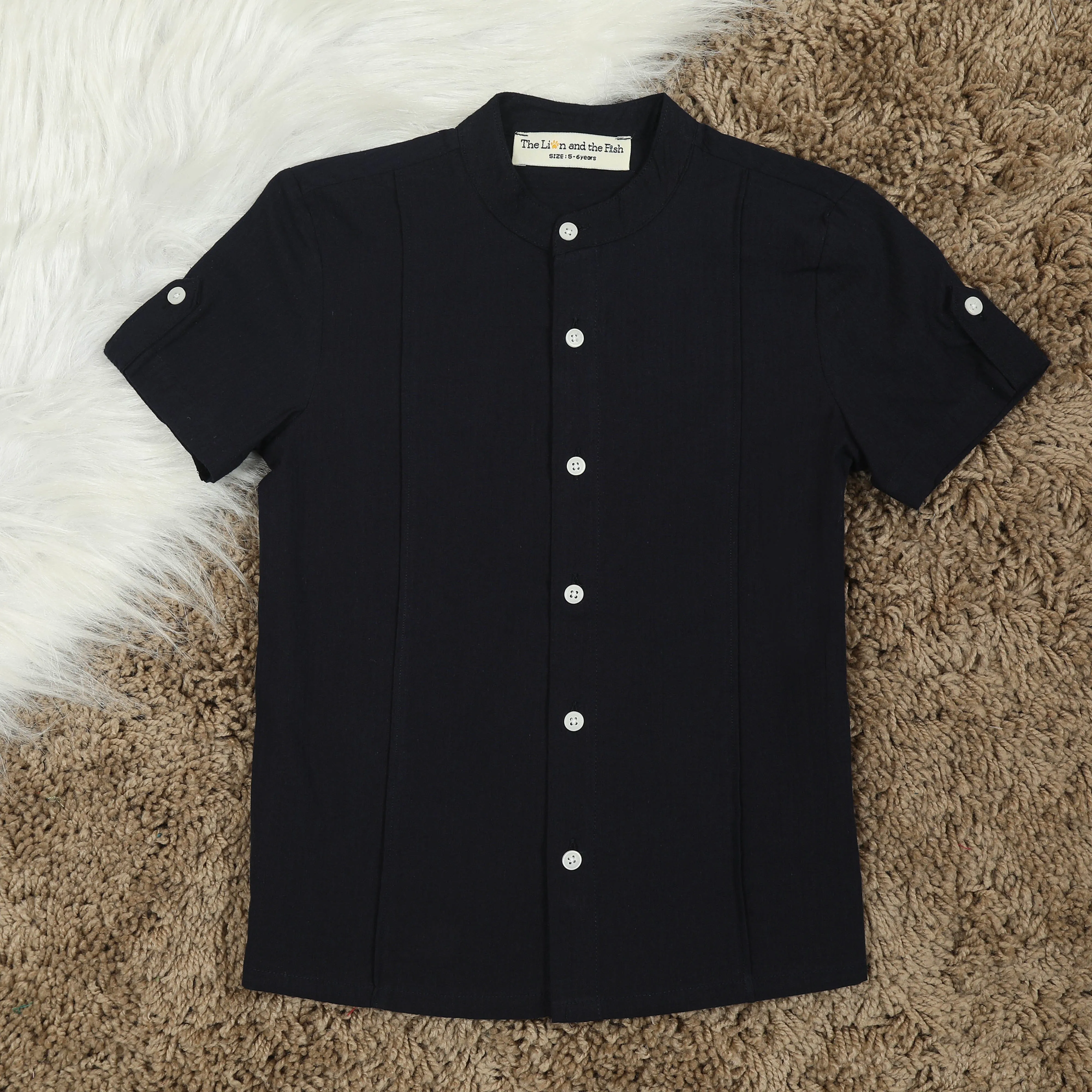 Boys Mandarin Collar Sleeve Tab Shirt Pantone Navy