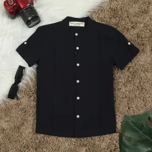 Boys Mandarin Collar Sleeve Tab Shirt Pantone Navy