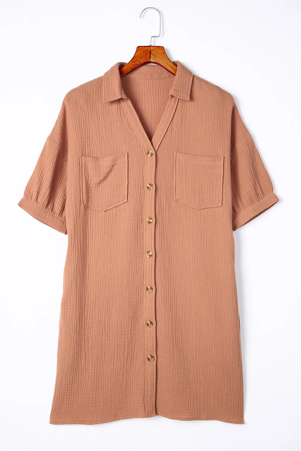Brown Crinkle Textured Joint Bubble Sleeve Shirt Dress