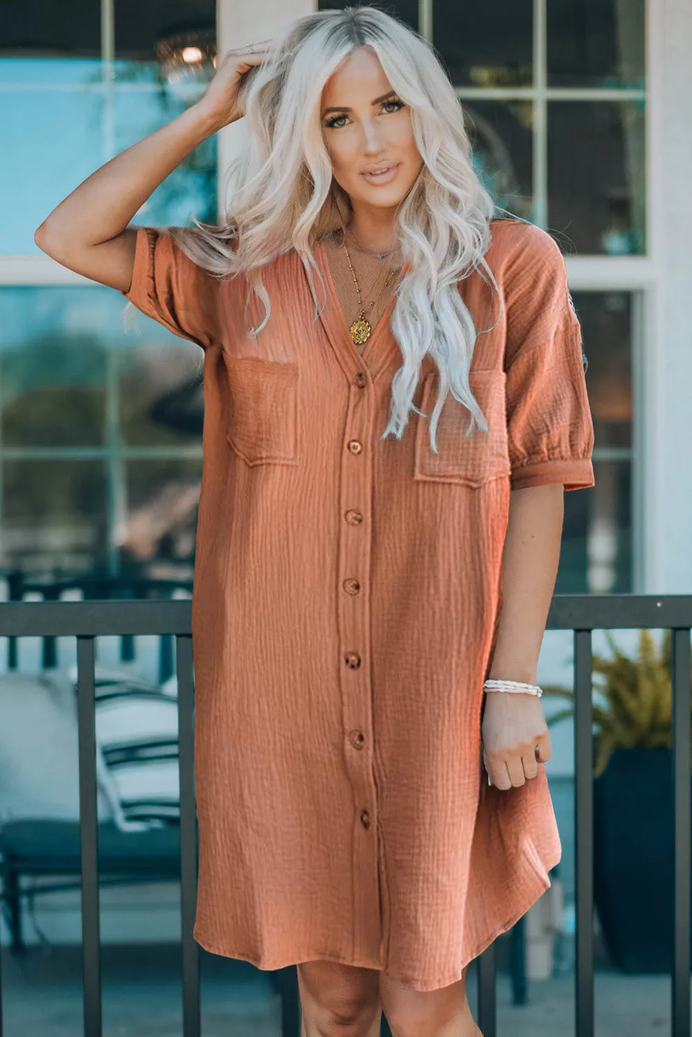 Brown Crinkle Textured Joint Bubble Sleeve Shirt Dress