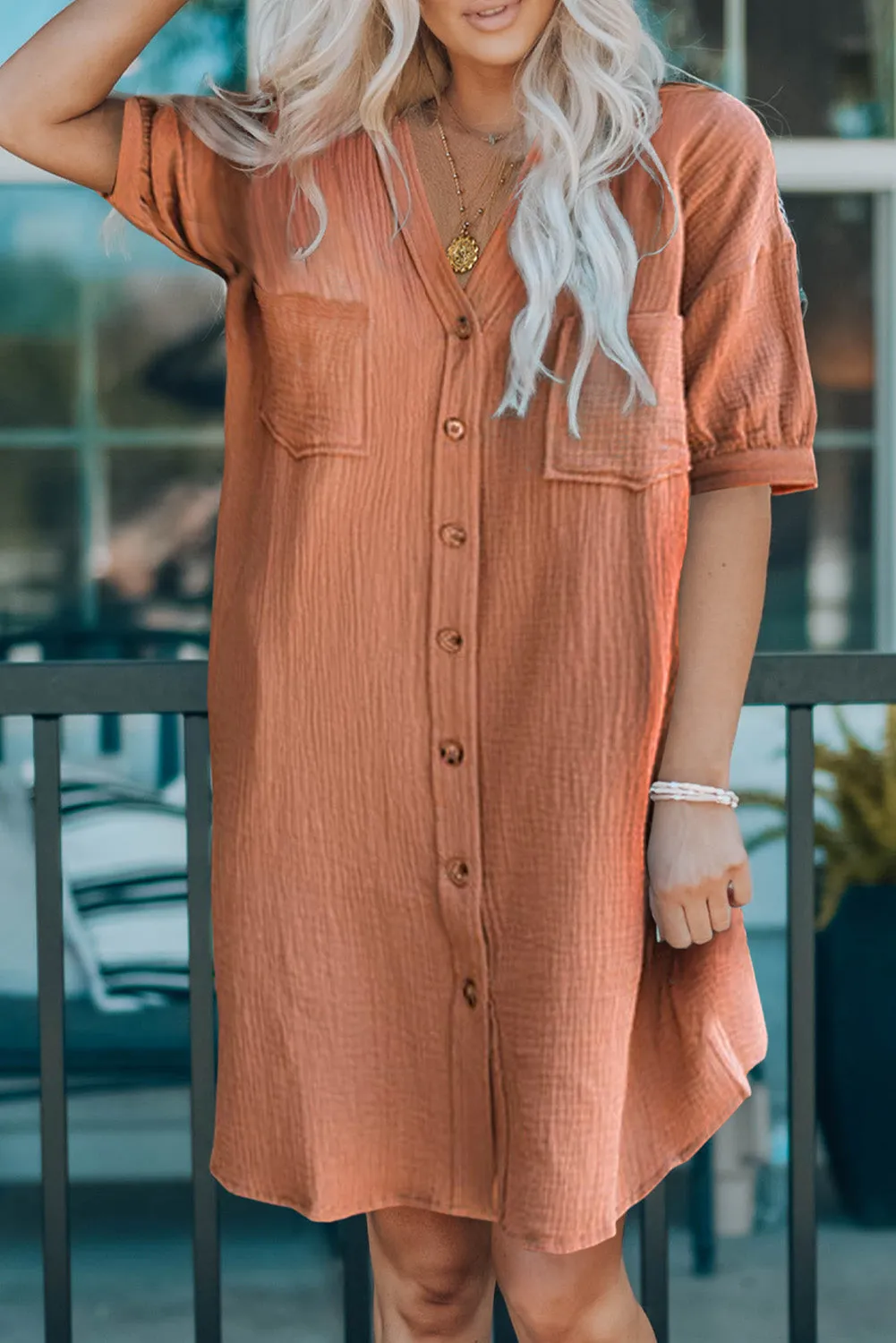 Brown Crinkle Textured Joint Bubble Sleeve Shirt Dress