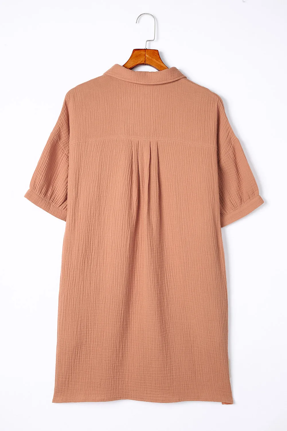 Brown Crinkle Textured Joint Bubble Sleeve Shirt Dress