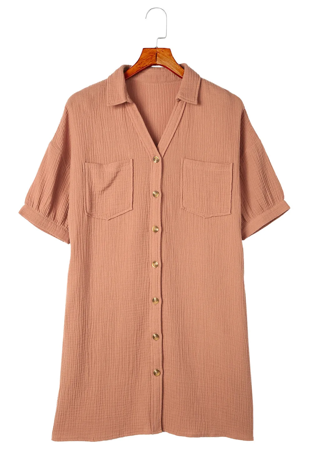 Brown Crinkle Textured Joint Bubble Sleeve Shirt Dress