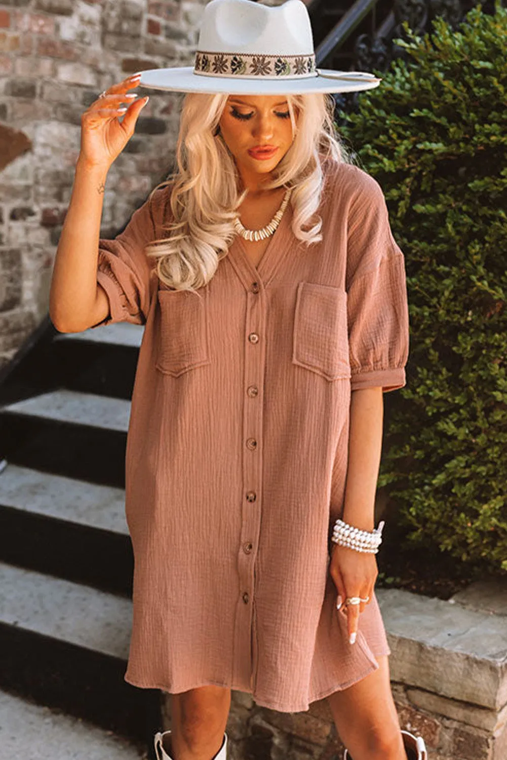 Brown Crinkle Textured Joint Bubble Sleeve Shirt Dress
