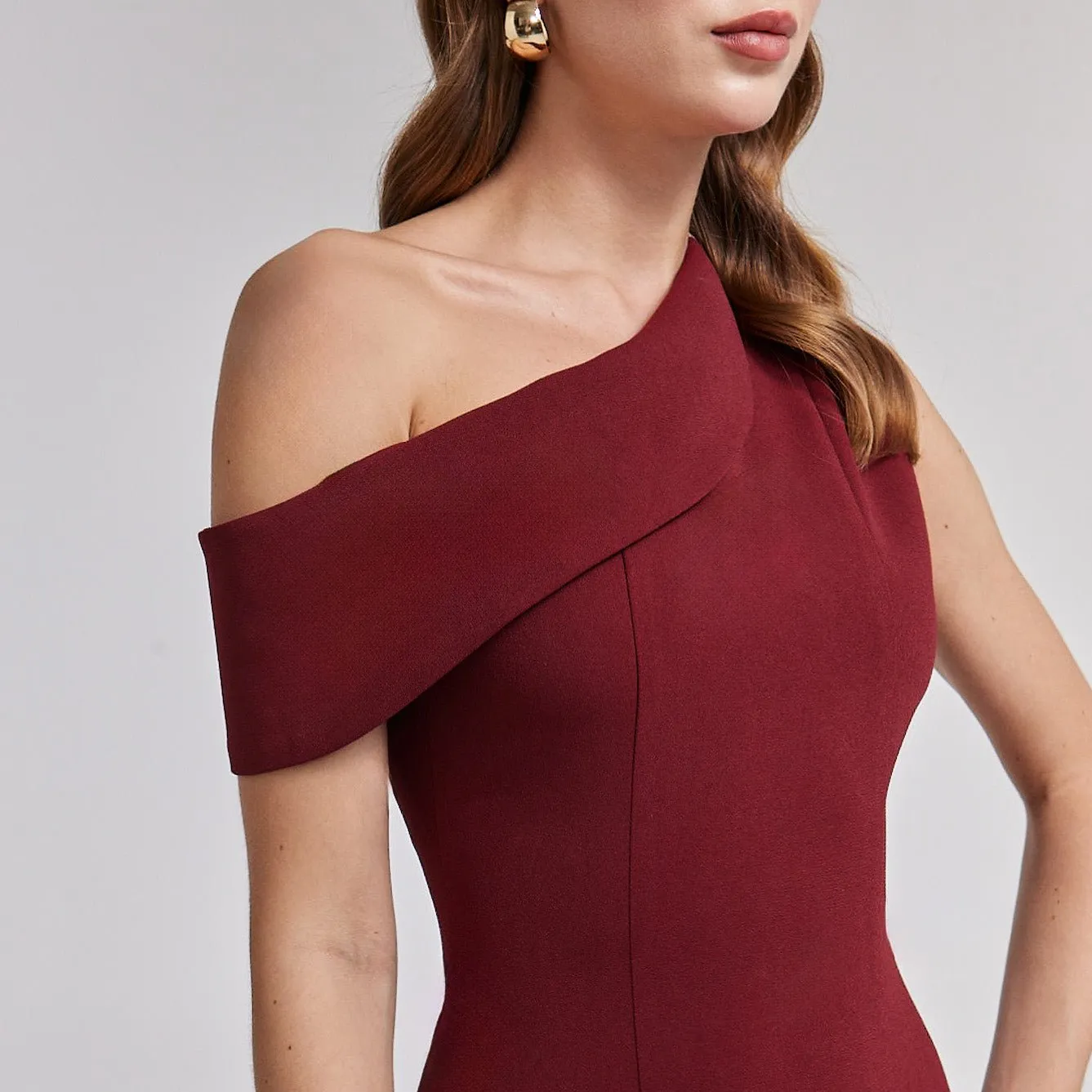 Burgundy Crepe One-Shoulder A-Line Dress