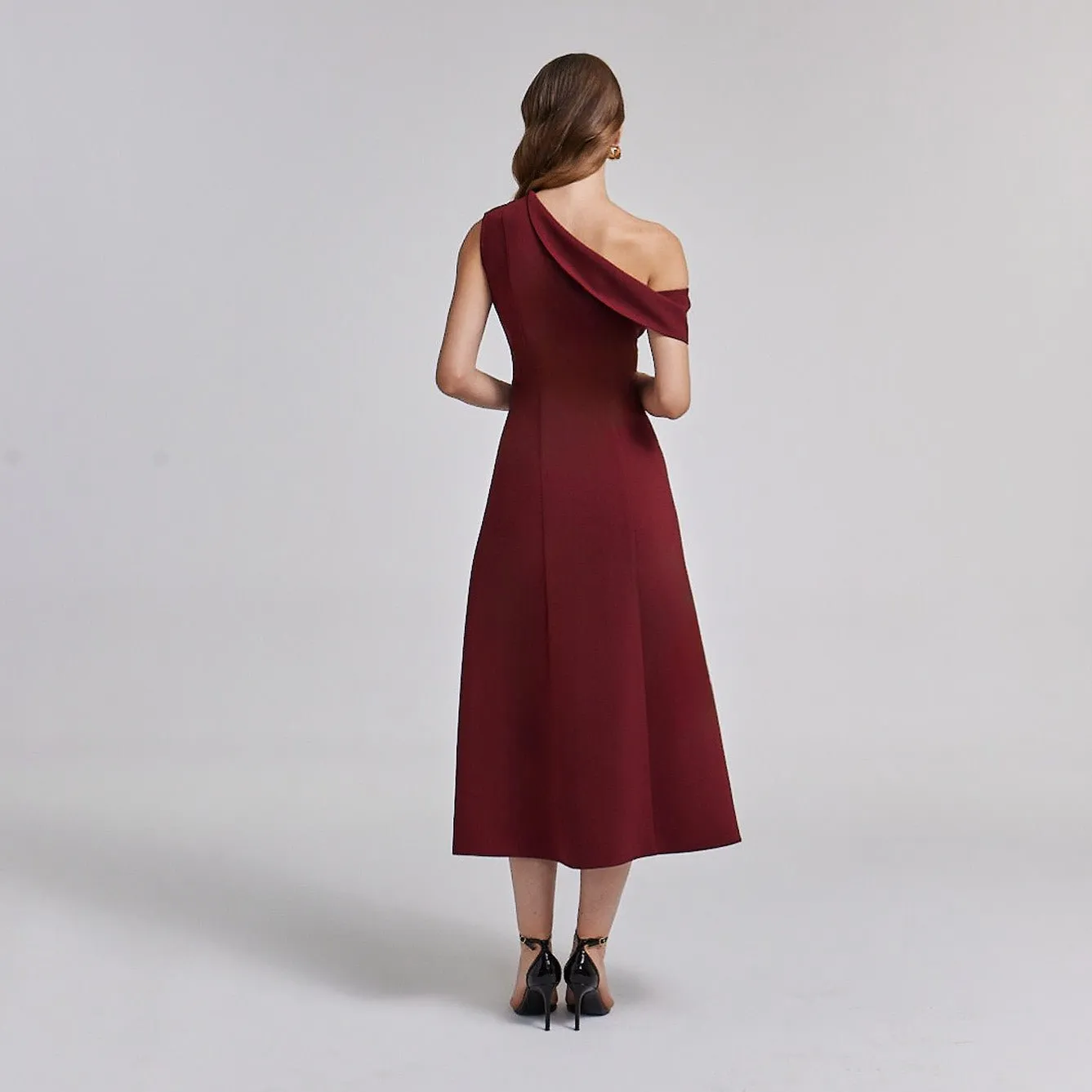 Burgundy Crepe One-Shoulder A-Line Dress