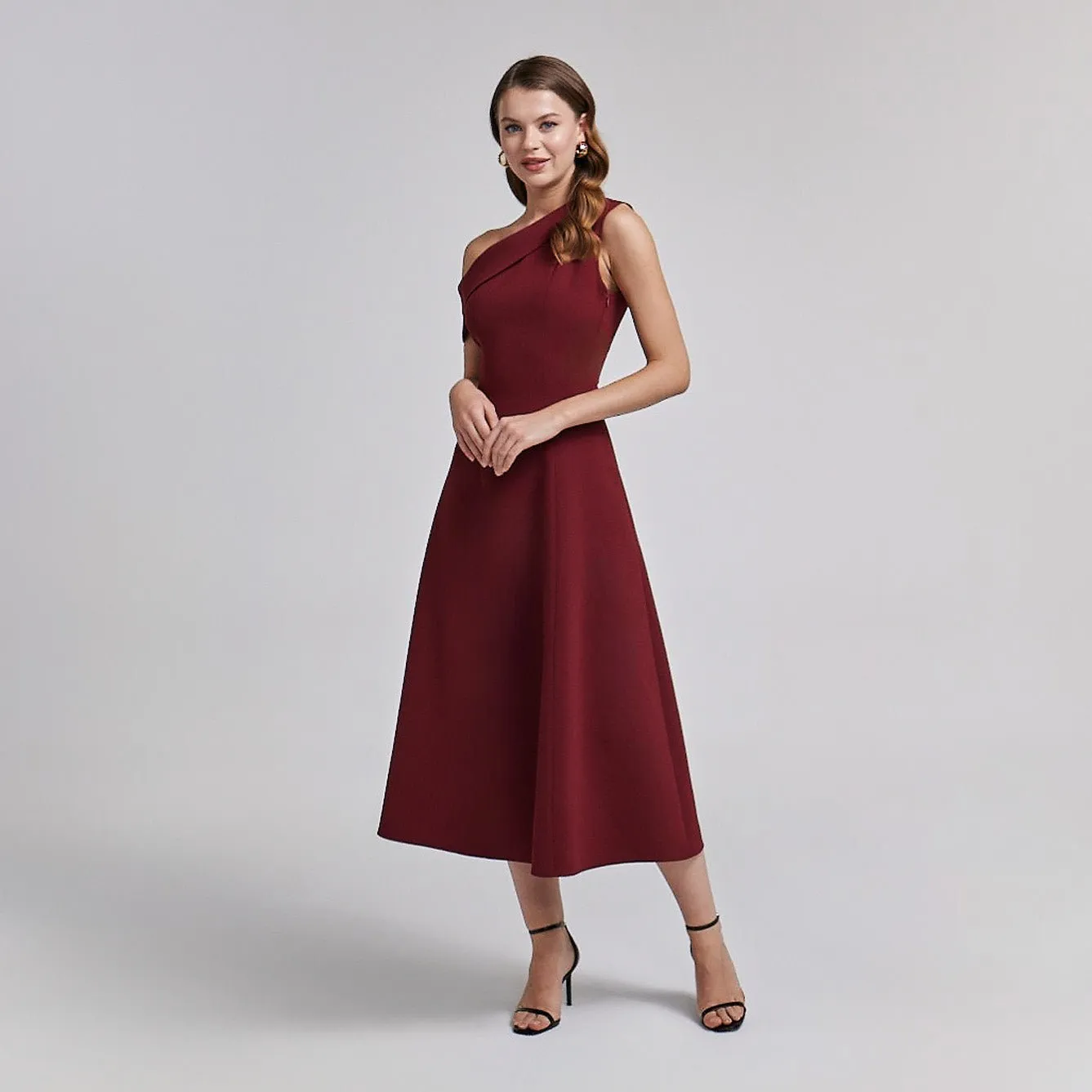 Burgundy Crepe One-Shoulder A-Line Dress
