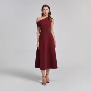 Burgundy Crepe One-Shoulder A-Line Dress