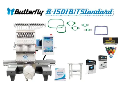 Butterfly B-1501B/T Standard Commercial Embroidery Machine, Single-Head, 15-Needles, Compact and Portable Industrial Embroidery Machine, Butterfly Embroidery Machines
