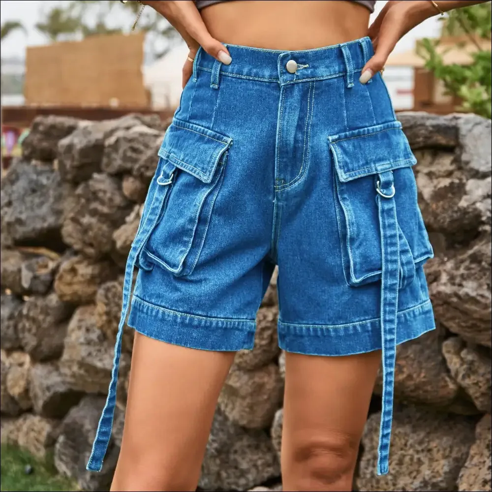 Chic High Waist Denim Cargo Shorts
