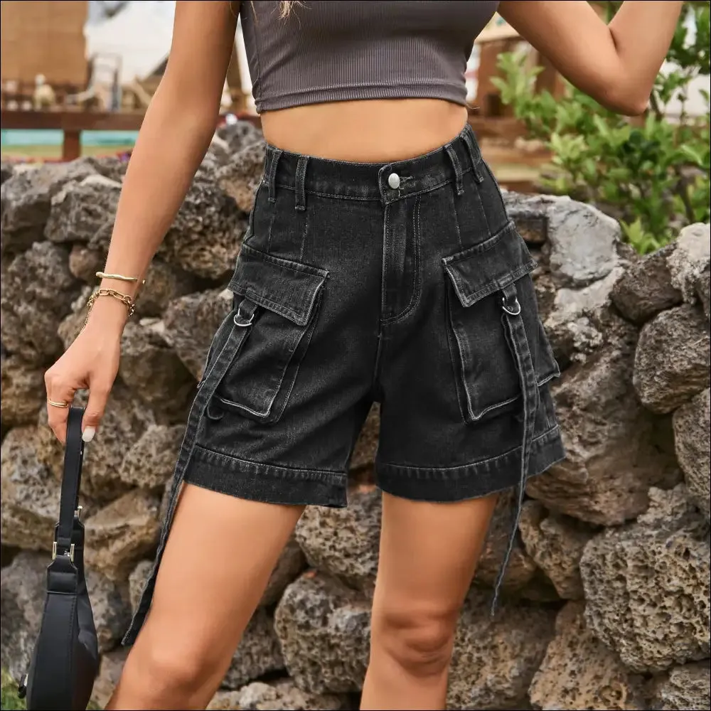 Chic High Waist Denim Cargo Shorts