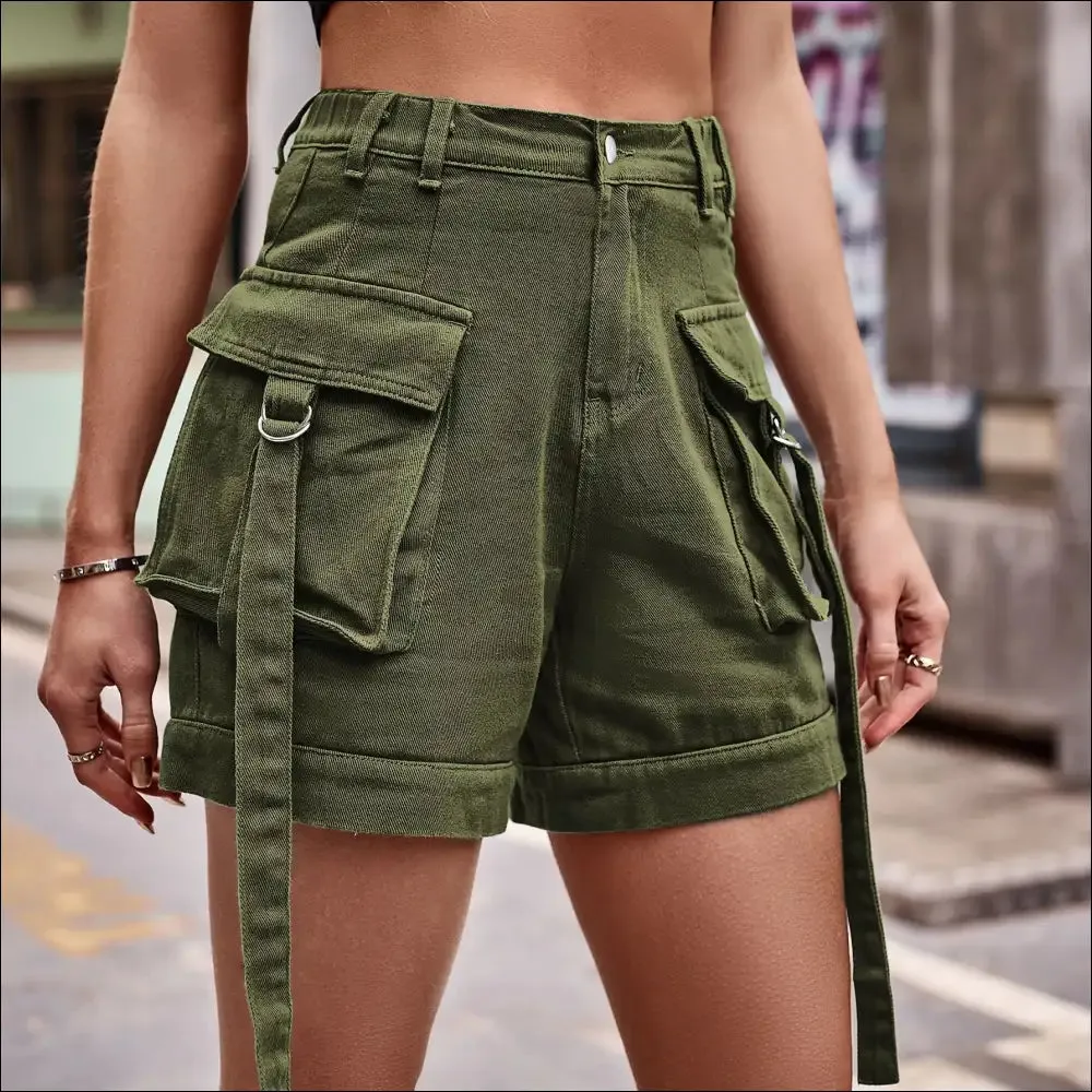 Chic High Waist Denim Cargo Shorts