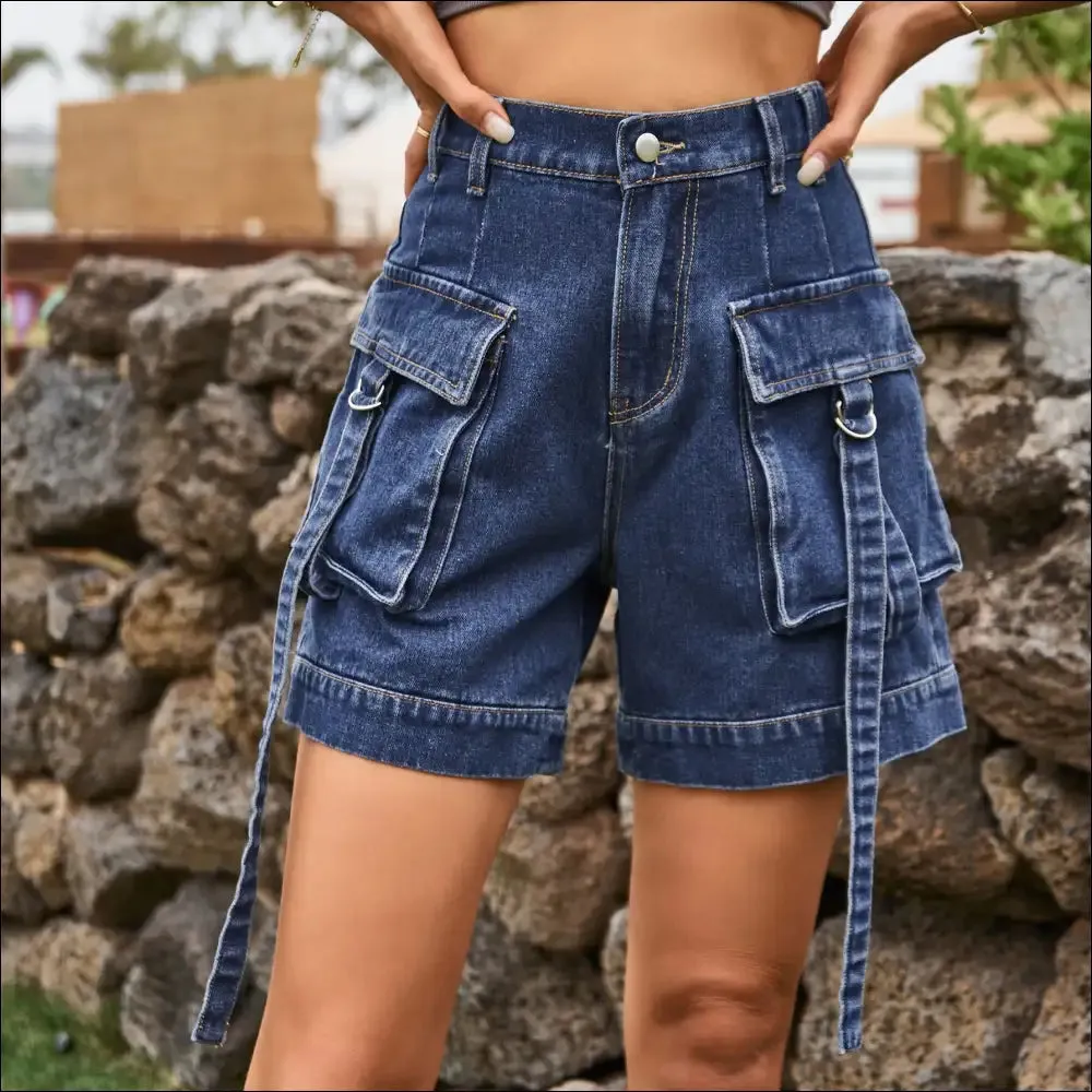 Chic High Waist Denim Cargo Shorts