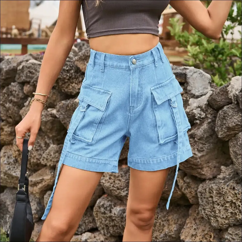 Chic High Waist Denim Cargo Shorts