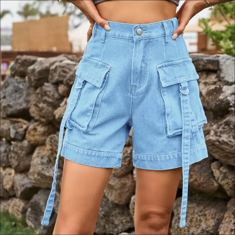 Chic High Waist Denim Cargo Shorts