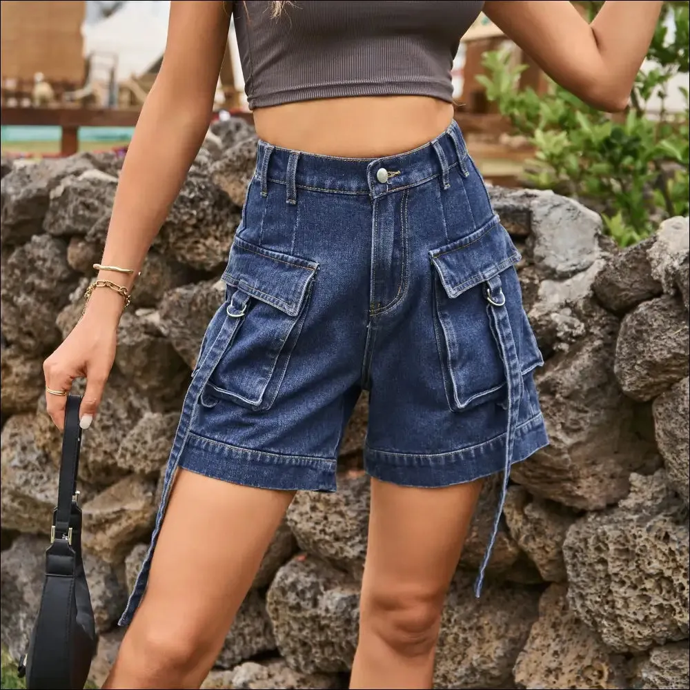 Chic High Waist Denim Cargo Shorts