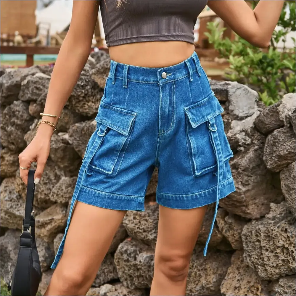 Chic High Waist Denim Cargo Shorts