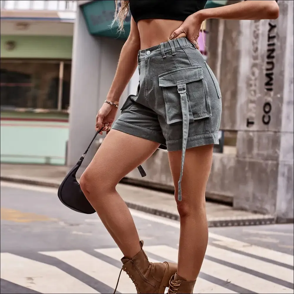 Chic High Waist Denim Cargo Shorts