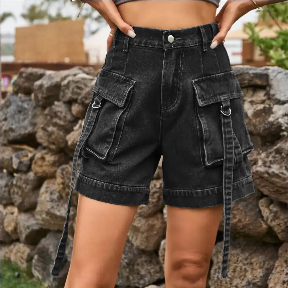 Chic High Waist Denim Cargo Shorts