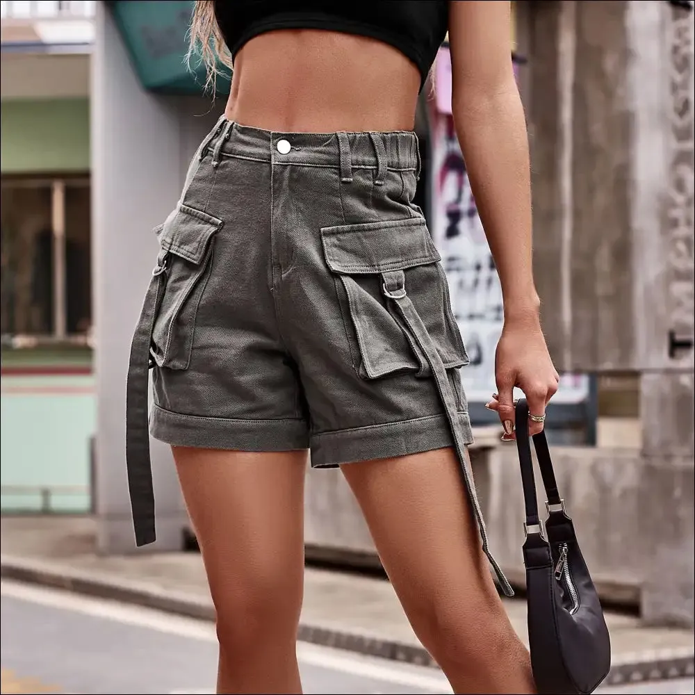 Chic High Waist Denim Cargo Shorts