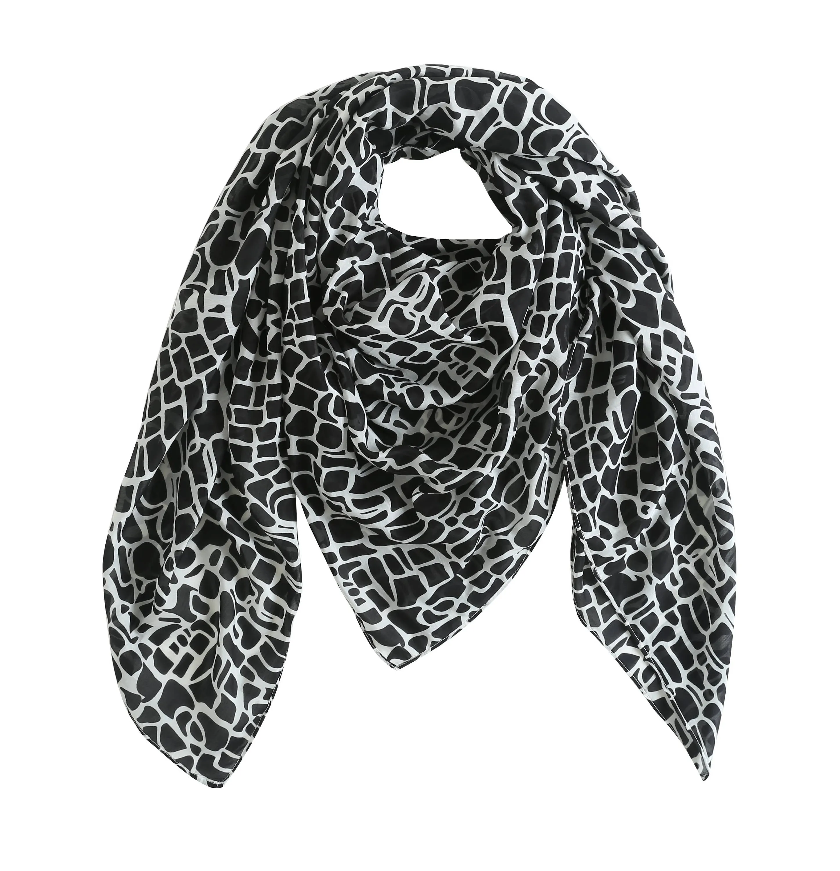 Cotton Silk Oversized Square Scarf Shawl Wrap, Black White Abstract Pattern Cotton Silk Scarf