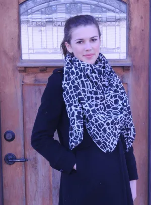 Cotton Silk Oversized Square Scarf Shawl Wrap, Black White Abstract Pattern Cotton Silk Scarf
