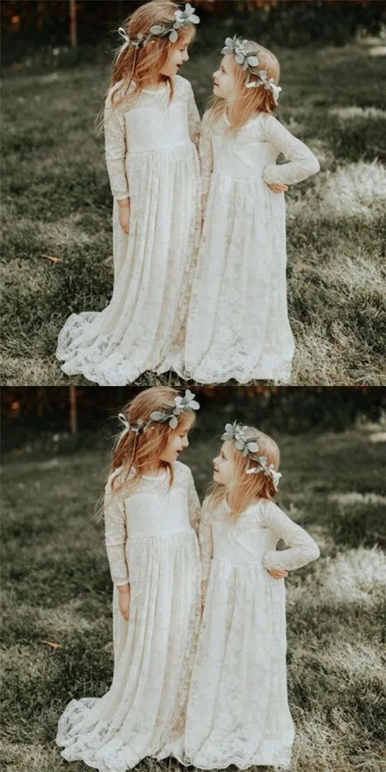 Cute Round Neck Long Sleeves White Lace Long Cheap Flower Girl Dresses, QB0107