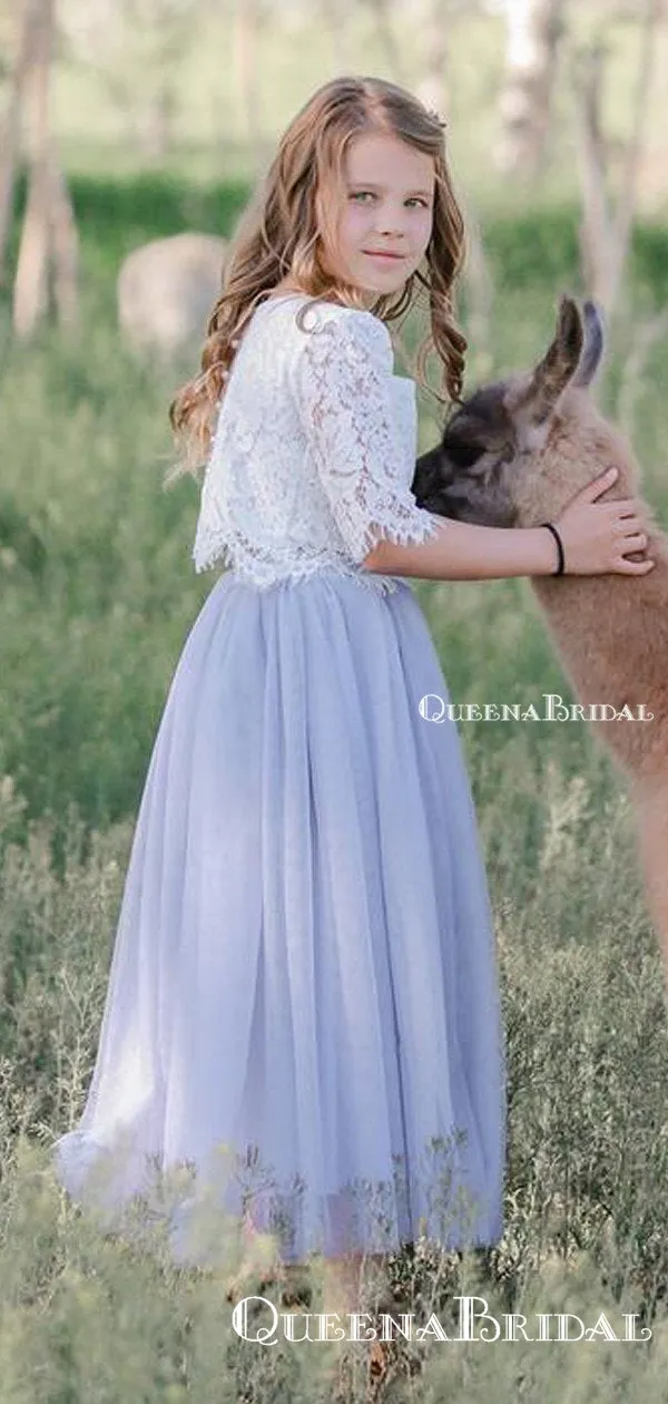 Cute Two Piece Half-Sleeves Tulle Long Cheap A-line Flower Girl Dresses, FGS0002