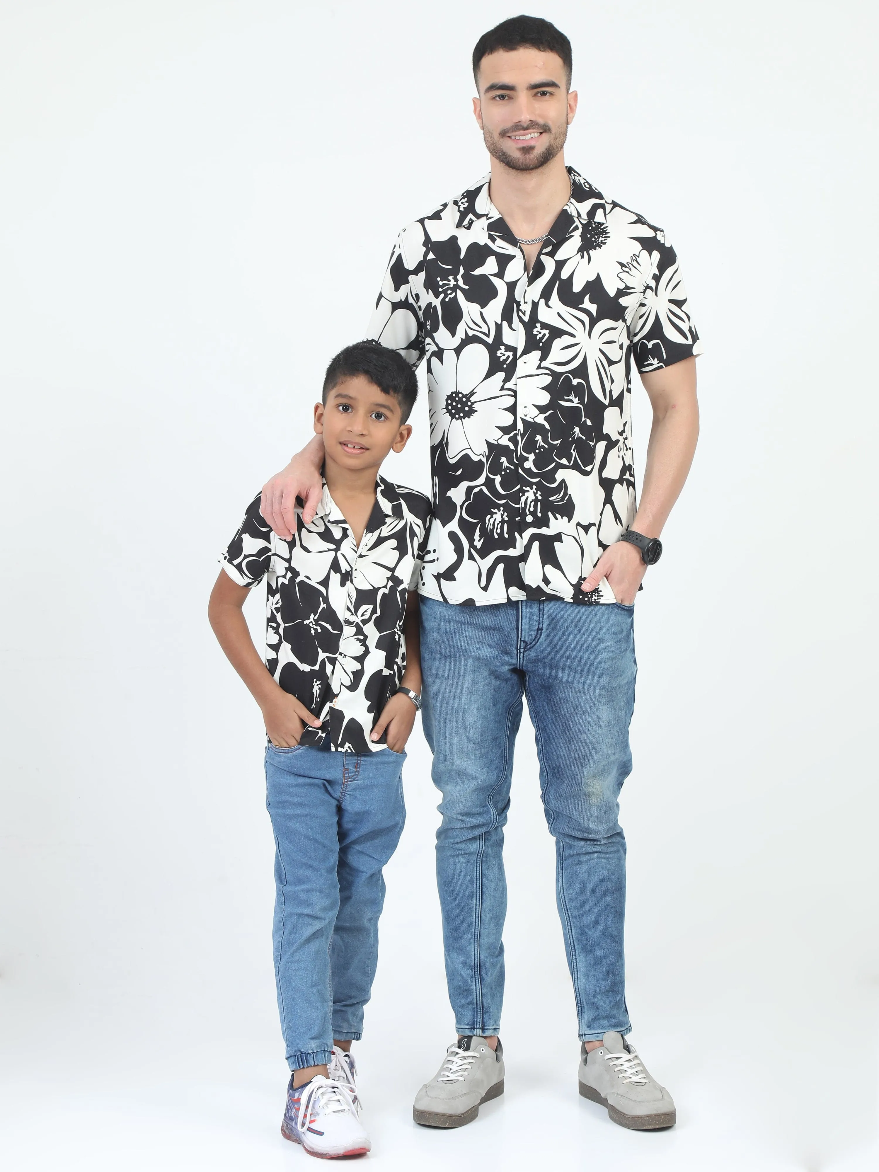 Dad & Son Flower Print Shirt Black White