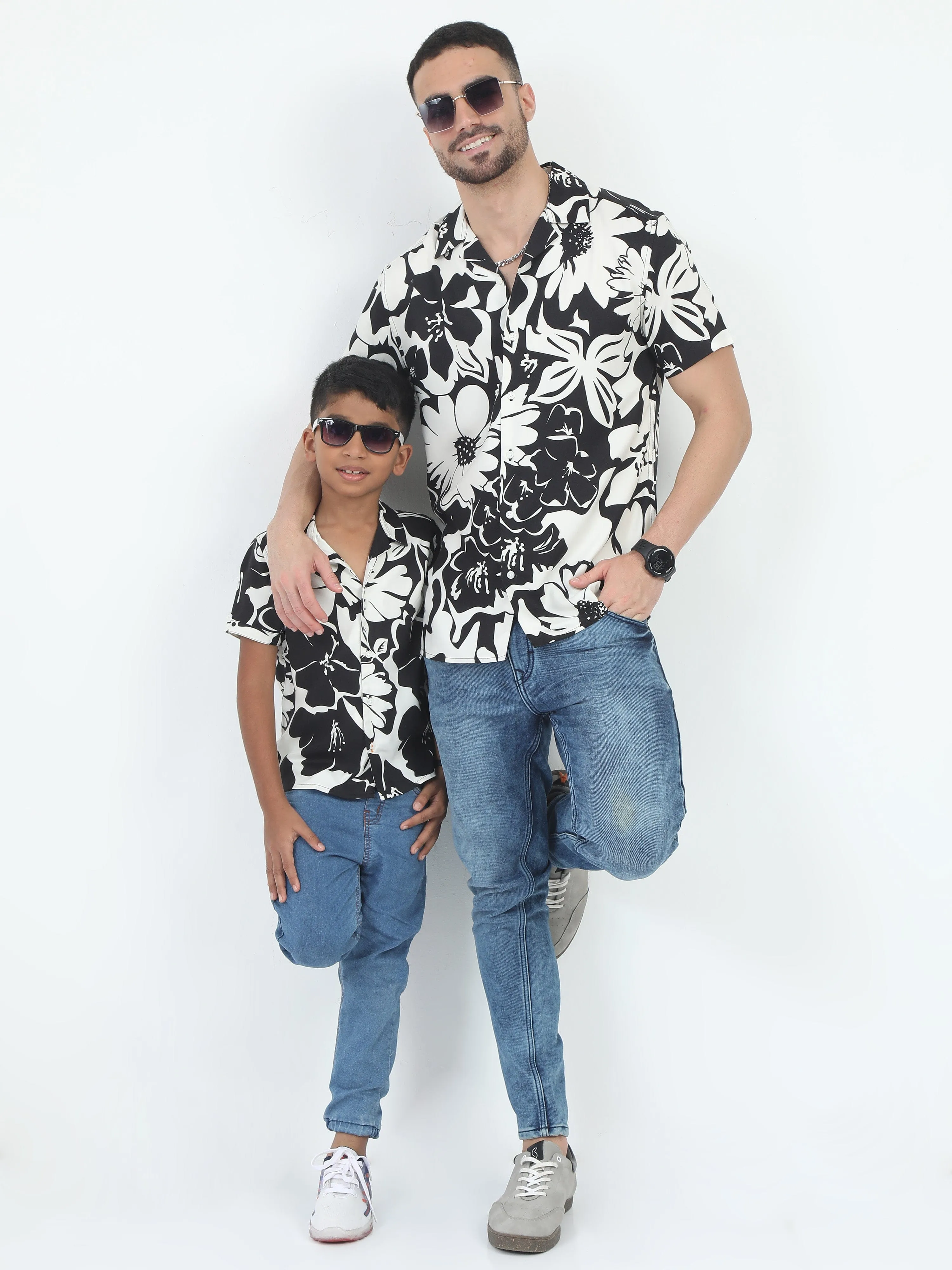 Dad & Son Flower Print Shirt Black White
