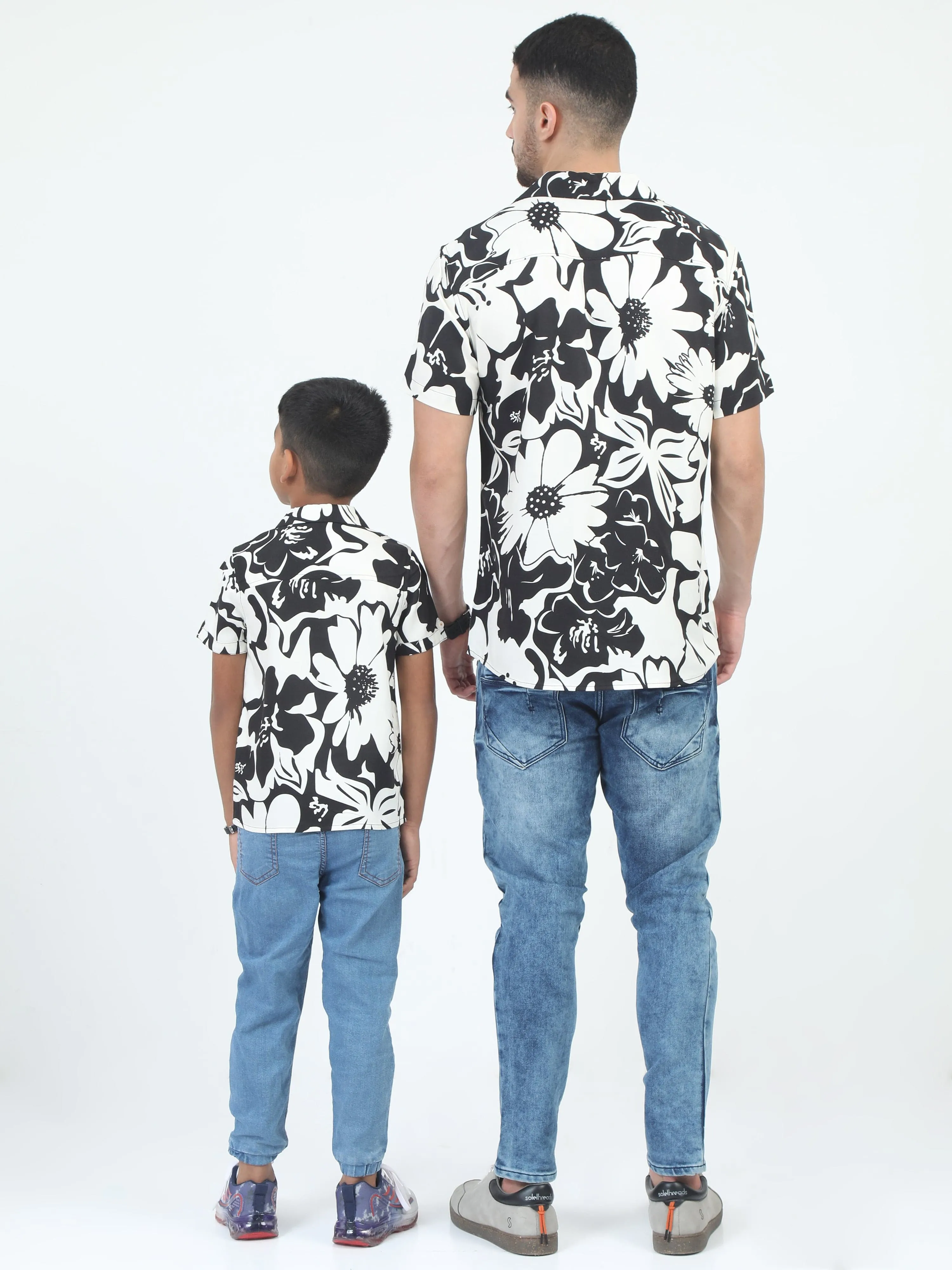 Dad & Son Flower Print Shirt Black White