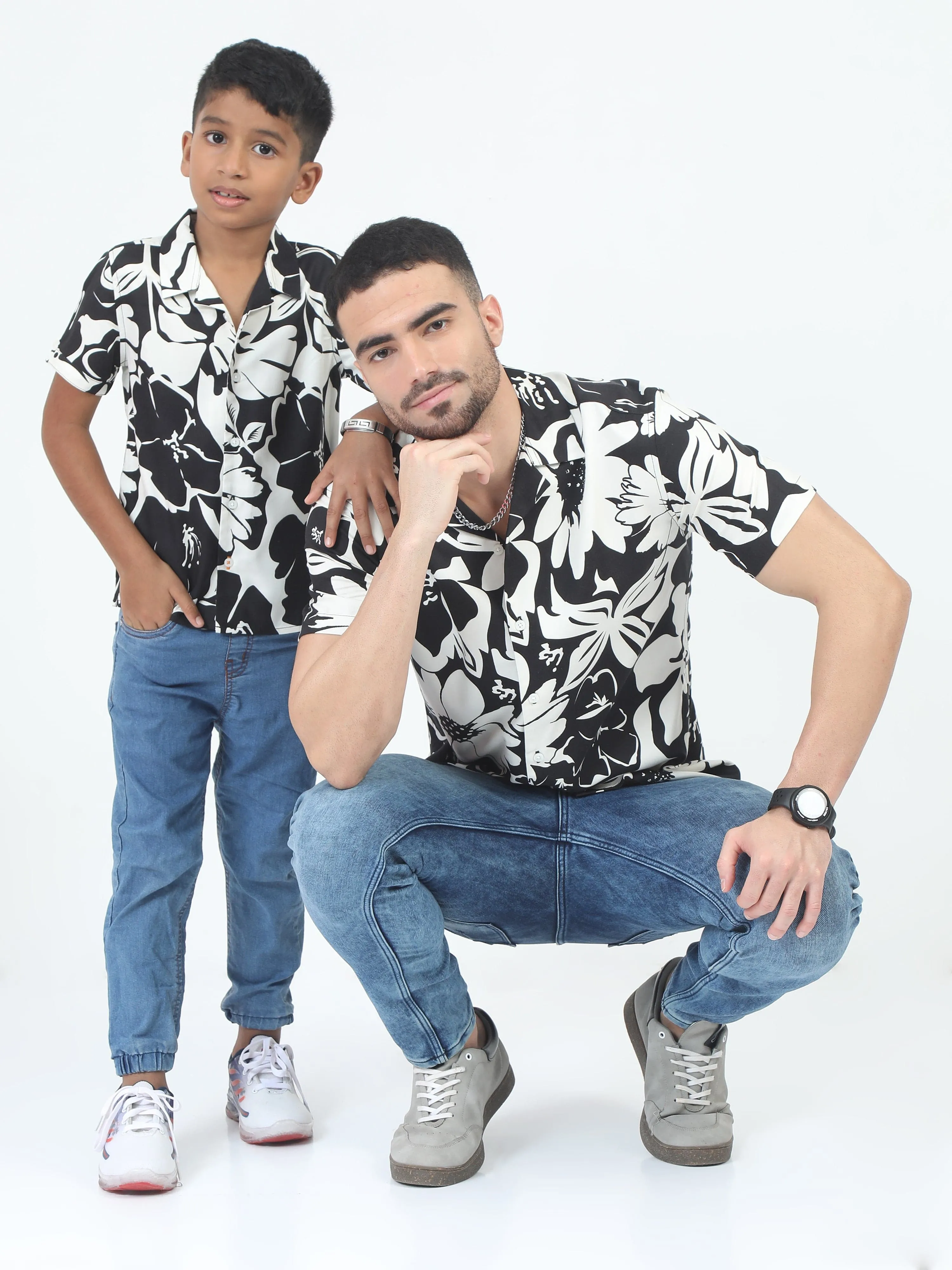 Dad & Son Flower Print Shirt Black White